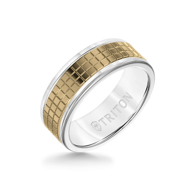 8MM White Tungsten Carbide Ring  Cubed 14K Yellow Gold Insert with Round Edge