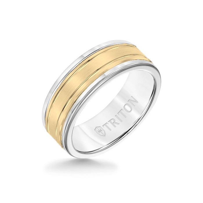 8MM White Tungsten Carbide Ring - Double Engraved 14K Yellow Gold Insert with Round Edge