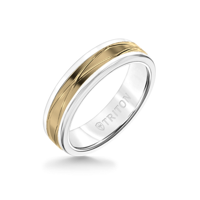 6MM White Tungsten Carbide Ring  Oblong Infinity 14K Yellow Gold Insert with Round Edge
