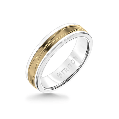 6MM White Tungsten Carbide Ring  Oblong Infinity 14K Yellow Gold Insert with Round Edge