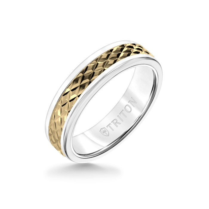 6MM White Tungsten Carbide Ring - Rhombus 14K Yellow Gold Insert with Round Edge