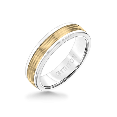 6MM White Tungsten Carbide Ring - Serrated Engraved 14K Yellow Gold Insert with Round Edge