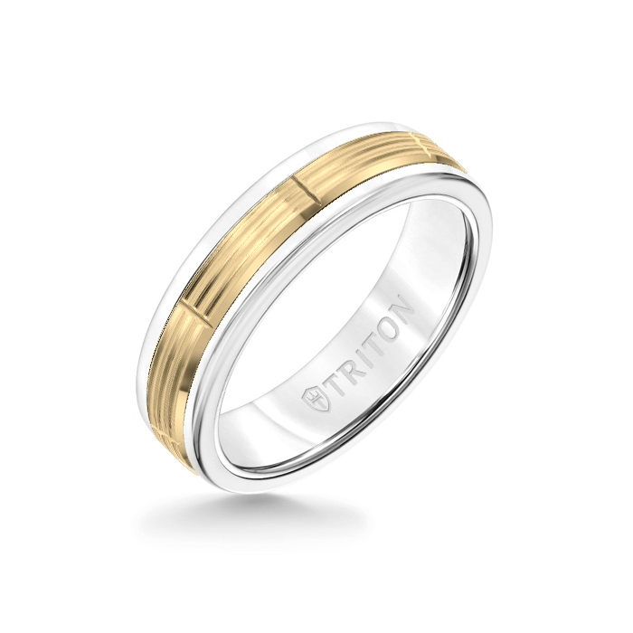6MM White Tungsten Carbide Ring - Serrated Vertical Cut 14K Yellow Gold Insert with Round Edge