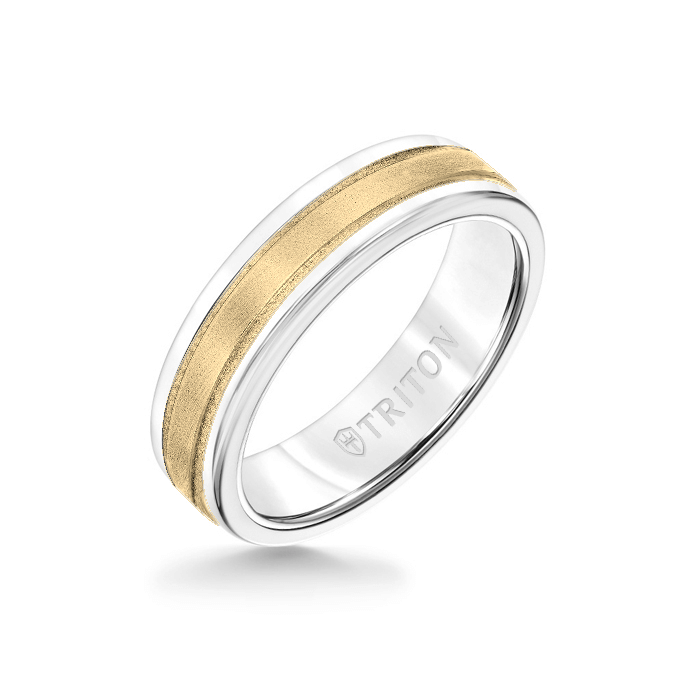 6MM White Tungsten Carbide Ring - Step Edge 14K Yellow Gold Insert with Round Edge
