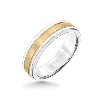6MM White Tungsten Carbide Ring - Step Edge 14K Yellow Gold Insert with Round Edge