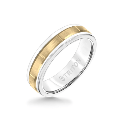 6MM White Tungsten Carbide Ring - Vertical Cut 14K Yellow Gold insert with Round Edge
