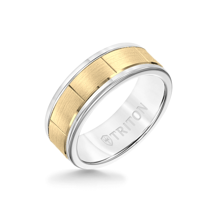 8MM White Tungsten Carbide - Vertical Cut 14K Yellow Gold insert with Round Edge